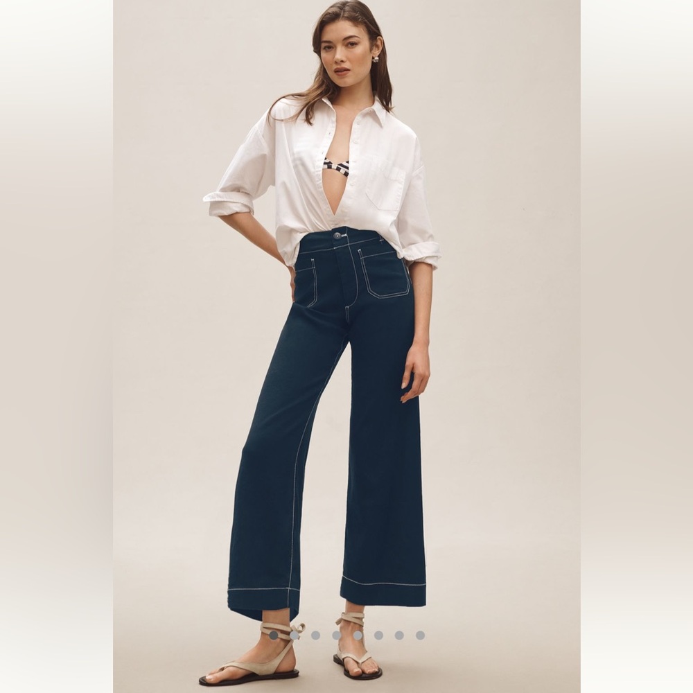 Anthropologie The Colette Contrast-Stitch Linen Crop Wide Leg Pants by Maeve